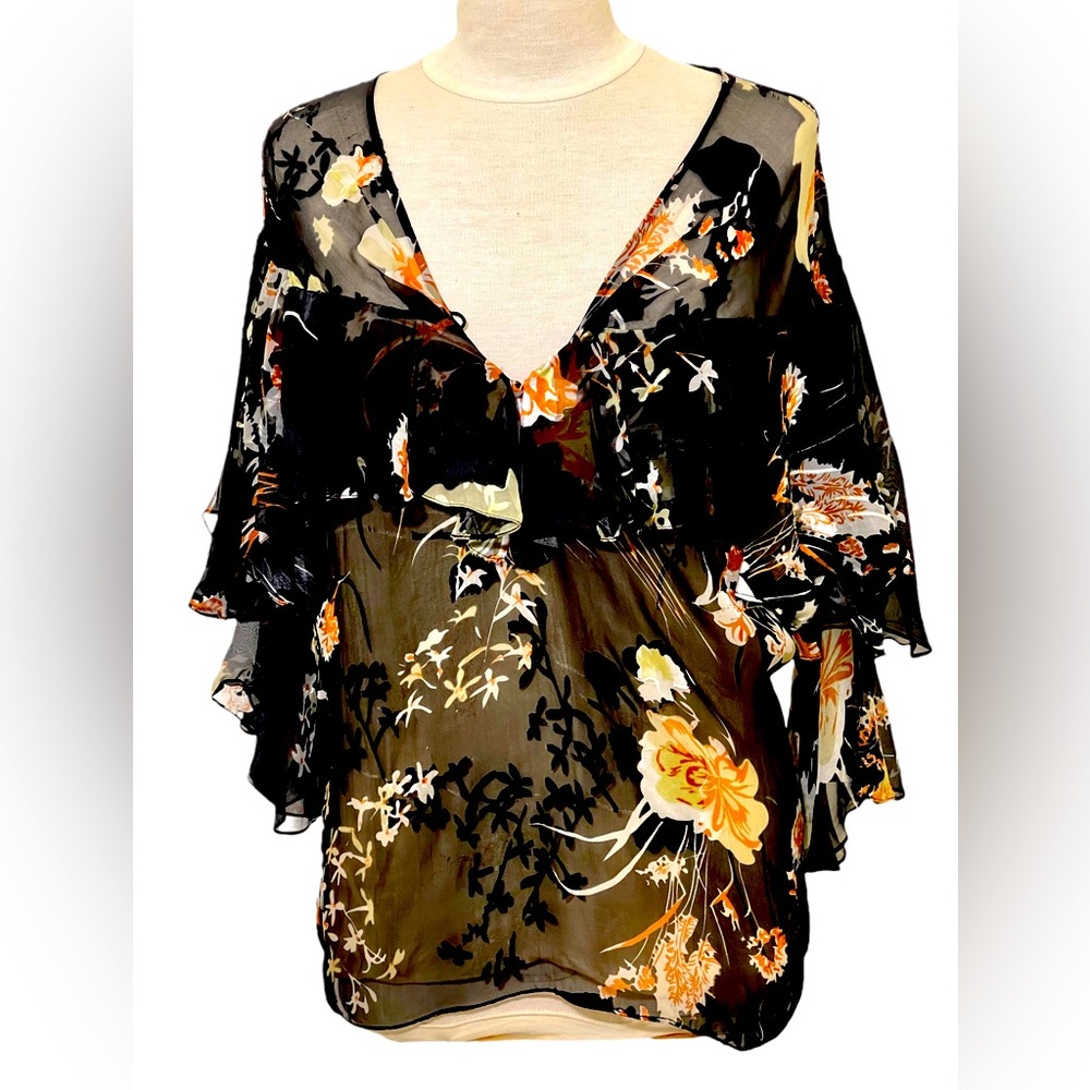 JOIE SILK CHIFFON FLOUNCED FLORAL HIPPI V NECK BOHEMIAN BLOUSE S/M NWOT